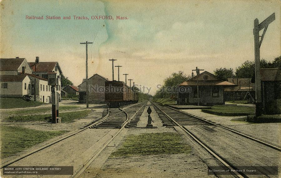 Postcard: Railroad Station and Tracks, Oxford, Massachusetts